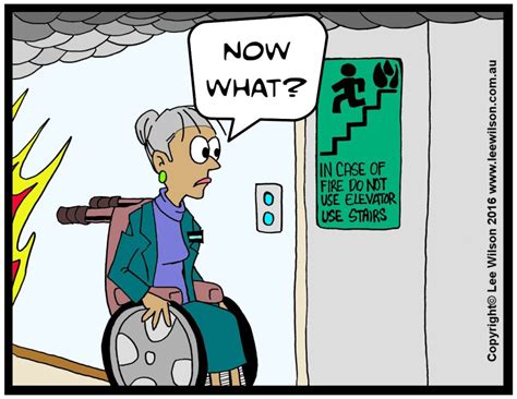 Cartoon Of A Lady Using A Wheelchair Looking At Non Emergency Elevator