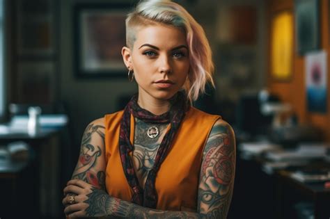 Premium Photo A Tattooed Woman With Blonde Short Haircut Standing In The Office Generative Ai