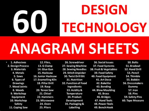 60 Anagram Sheets Design Technology Literacy Ks3 Gcse Keyword Starters