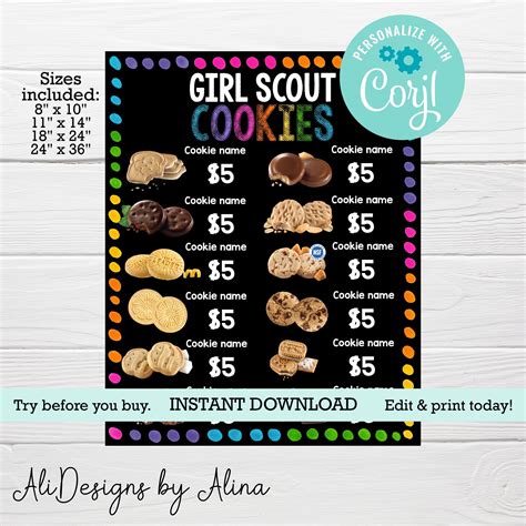 Cookie Booth Price List Girl Scout Editable Menu Drive Etsy Printable Signs Cookie