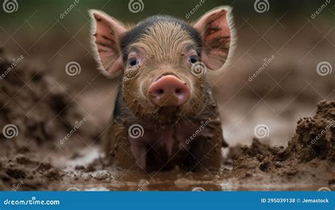 Cute Piglet In Mud Looking At Camera On Farm Generated By Ai Stock