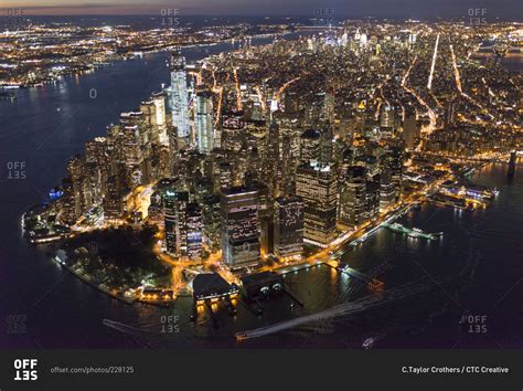 High Angle View Of Lower Manhattan At Night Nyc Usa Stock Photo Offset