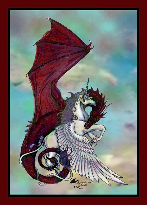 Red Dragon Flying Unicorn Winged Horse Pegasus Sky By Stephaniesmall On
