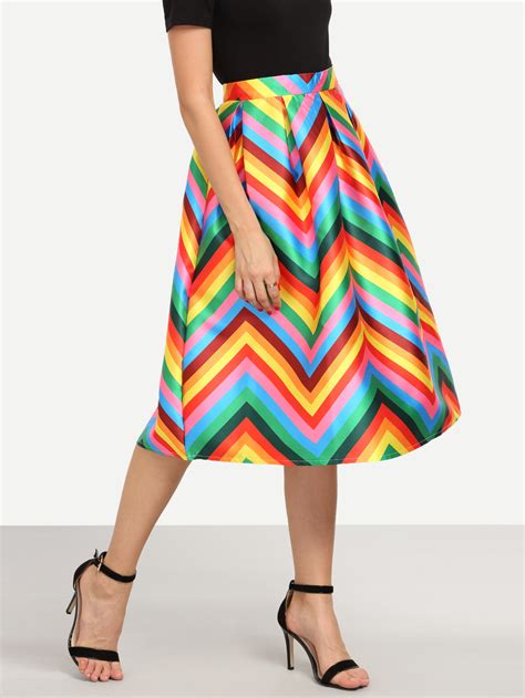 Colorful Chevron Print Box Pleated Midi Skirt Sheinsheinside