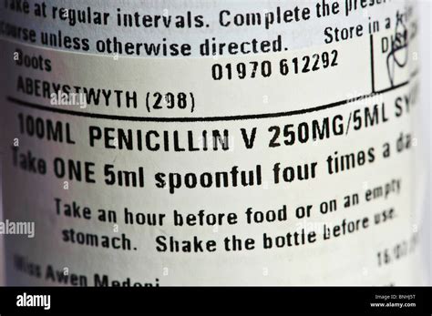 The Label On A Bottle Of Penicillin Antibiotic Medicine Uk Stock Photo