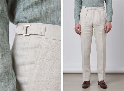 Mens Beige Herringbone Tailored Fit Linen Italian Suit Trousers 1913