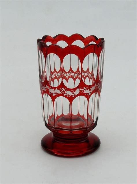 Lovely Antique Bohemian Ruby Overlay Clear Glass Footed Vase Etsy Crystal Stemware Bohemia