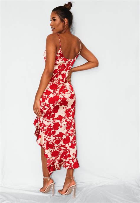 Red Floral Ruffle Side Midi Dress Missguided