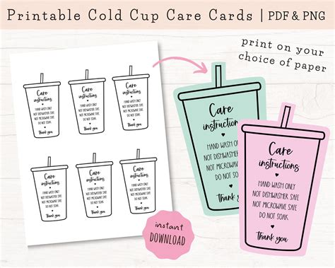 Cold Cup Care Instructions Printable Cup Care Cards Iced Etsy