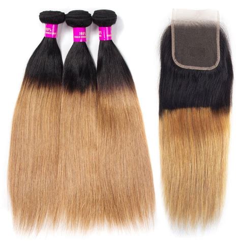 T1b27 Straight Hair 3 Bundles With Closure Dark Roots Honey Blonde Hu