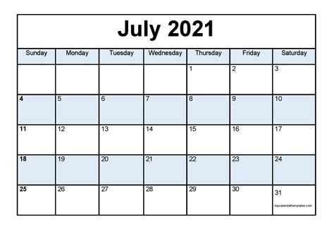 In july many people go on a trip because july it is the middle month of the summer.you can organize your plans on july from our website without a subscription and it is ready to print with just few clicks. Printable July 2021 Calendar Template - PDF, Word, Excel