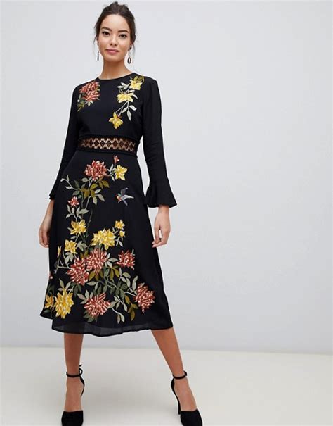 Asos Design Embroidered Midi Dress With Lace Inserts And Floral