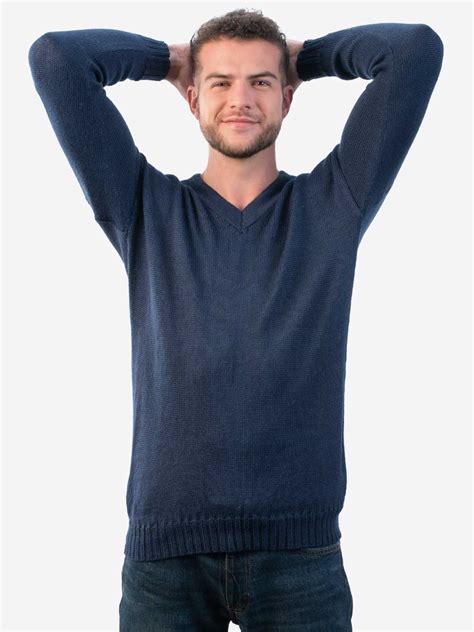 Blue Alpaca Sweater For Men Knitted In Warm Alpaca Wool With V Neck