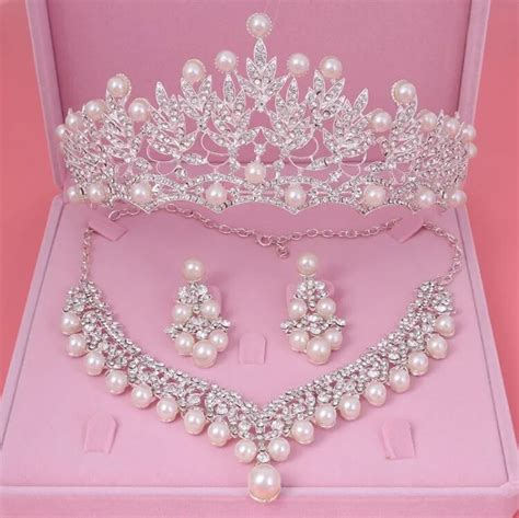 new 2018 bride crystal pearl costume jewelry sets rhinestone choker necklace earrings tiara