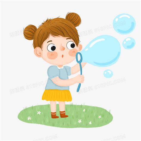 手绘卡通在草地上吹泡泡的女孩插画元素图片免费下载 png素材 编号zq9ik6djn 图精灵