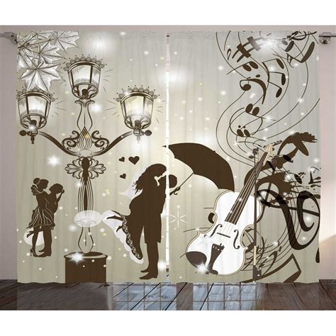 Romantic Curtains 2 Panels Set Kissing Couples On Street With Lanterns Violin Music Notes Love