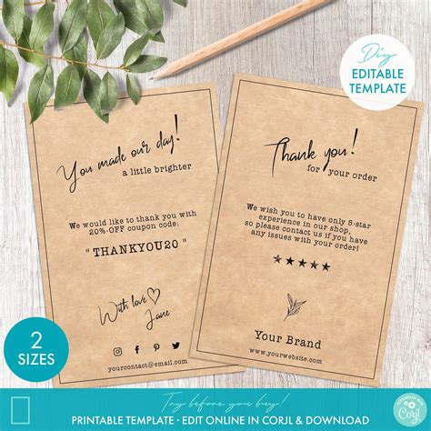 Diy Printable Order Insert Business Thank You Card Template Etsy