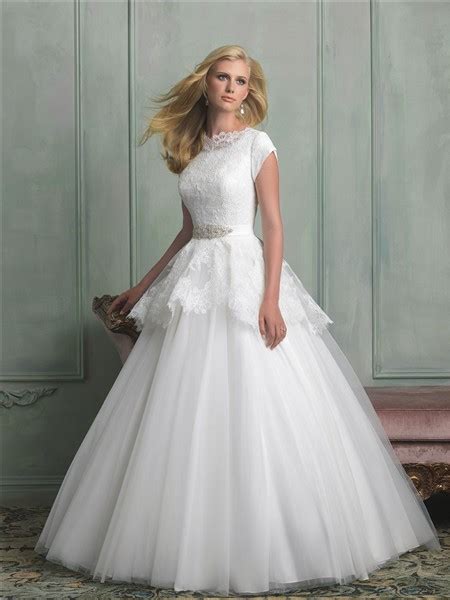 Modest A Line High Neck Cap Sleeve Lace Tulle Peplum Wedding Dress With