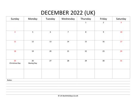 Download December 2022 Uk Calendar With With Notes