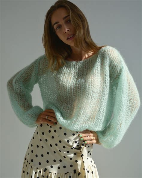 mint cropped mohair sweater chunky light sweater short sexy etsy