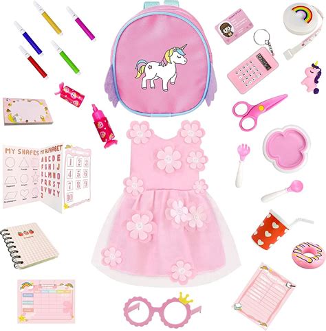 24 Pcs American Doll Accessories For 18 Inch Doll School Set With Girl Doll Clothes And