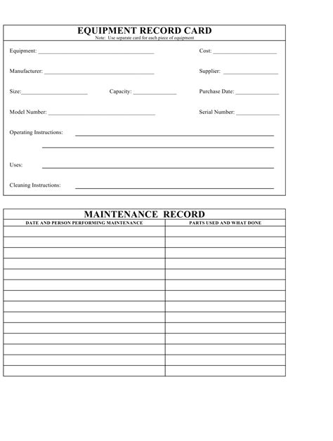 Equipment Record Card And Maintenance Log Template