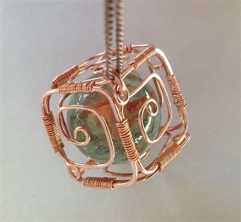 Wire Wrapped Copper Cube Pendant With Gemstone Ball