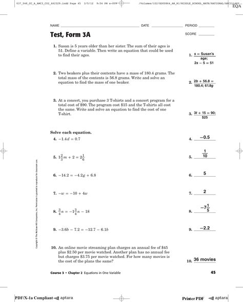 Chapter 2 quadratic equationspaper 1 1. Course 3 Chapter 2 Equations In One Variable Worksheet ...
