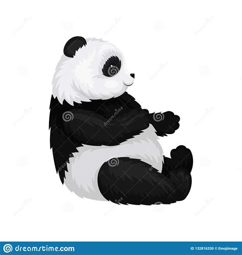 Flat Vector Illustration Of Cute Sitting Panda Side View Bamboo Bear