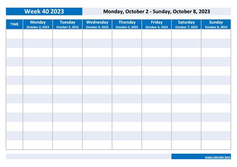 Week 40 2023 Dates Calendar And Weekly Schedule To Print
