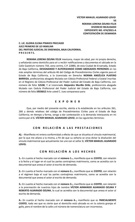 Modelo De Contestacion De Demanda De Divorcio Cogep Ecuador Buenas My