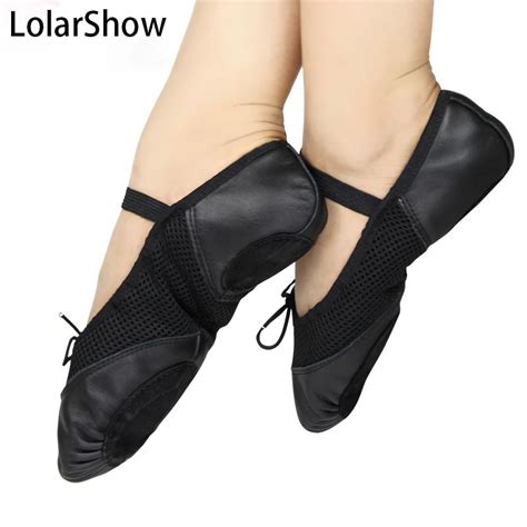 New Black Leather Ballet Dance Slippers Gymnastic Shoes Adults Women