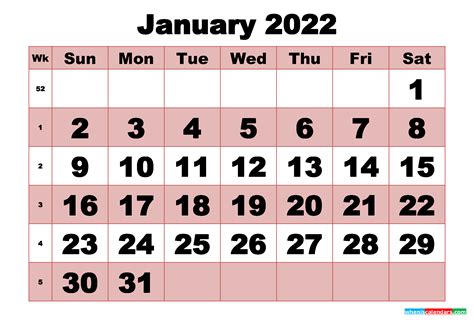 free printable monthly calendar january 2022