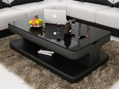 Modern Black Leather Coffee Table With Black Glass Table Top My Aashis