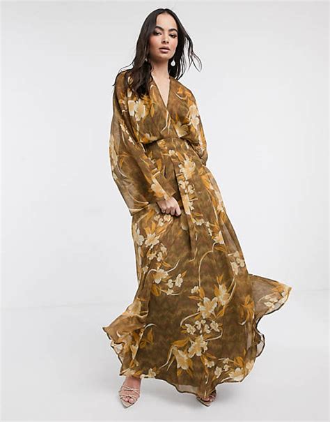 Asos Design Kimono Sleeve Maxi Dress In Oversized Floral Print Asos