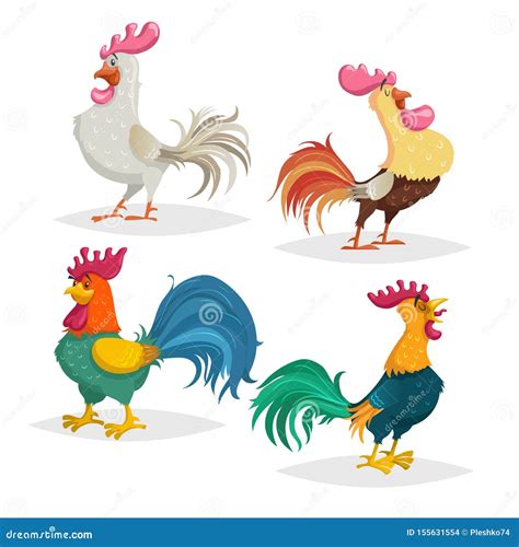 Cute Cartoon Roosters Different Breeds Set Comic Style With Shadows