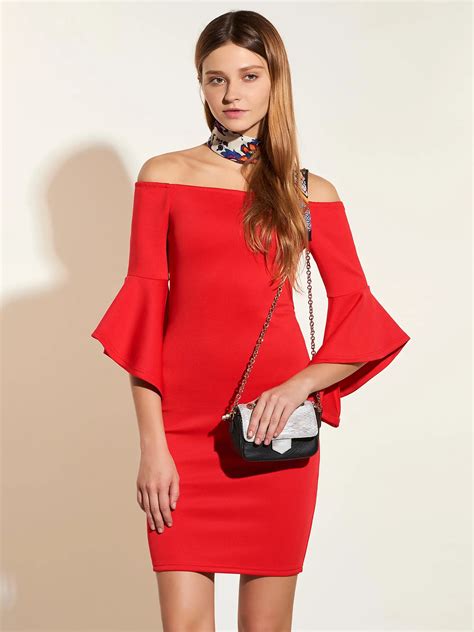 2018 Spring Sheath Dress Sexy Off Shoulder Red Women Party Long Sleeve Elegant Bardot Ruffle