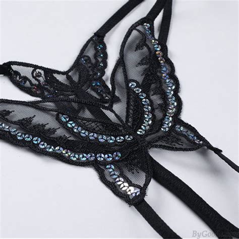 Sexy Butterfly Sequin Embroidered Hollow Lace Crotchless Thong Stretch Women S Lingerie Briefs