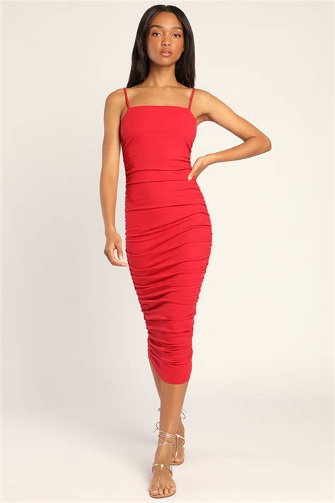 Red Ribbed Midi Dress Bodycon Dress Ruched Midi Dress Lulus