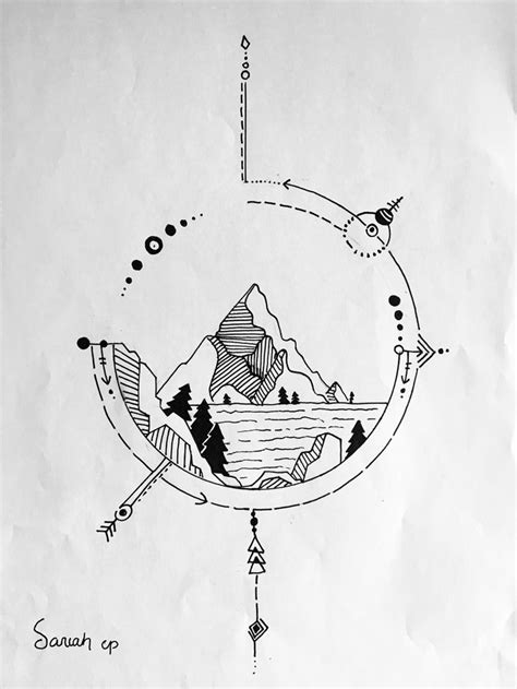 Pen drawing of a mountain range. Mountain and compass line art drawing black pen | Black ...