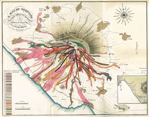 1832 Map Of Mount Vesuvius Showing Routes Of Lava Flows Across 200