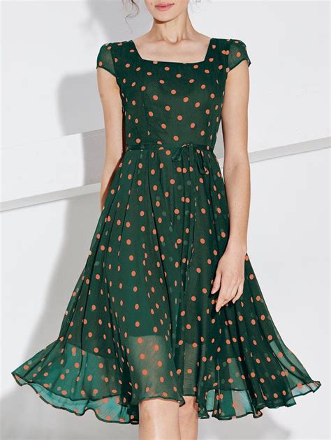 Green Casual Polyester Polka Dots Midi Dress Fashion Short Dresses