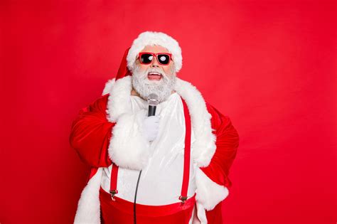 Close Up Photo Of Cheerful Funny Fat Pop Star Santa Claus With Big