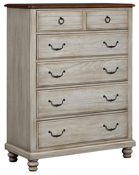 Vaughan Basset Arrendelle 5 Drawer Chest In Rustic White With Cherry