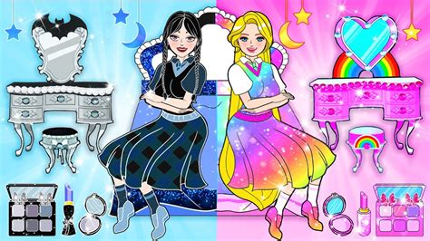 Paper Dolls Dress Up Black Wednesday Addams VS Rainbow Rapunzel Nova Casa DIY Para LOL