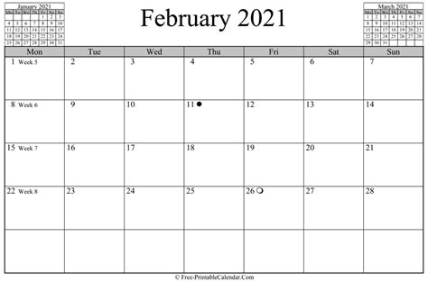 February 2021 Calendar Horizontal Layout