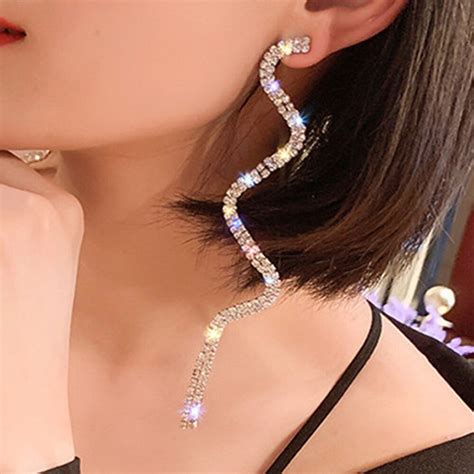 Mujer Lange Tassel Crystal Drop Earring Voor Vrouwen Shiny Goud Zilver