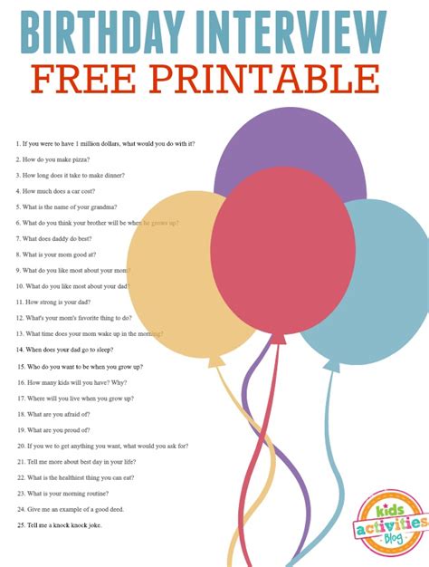 Funny Birthday Interview Questions For Kids With Free Printable Kids