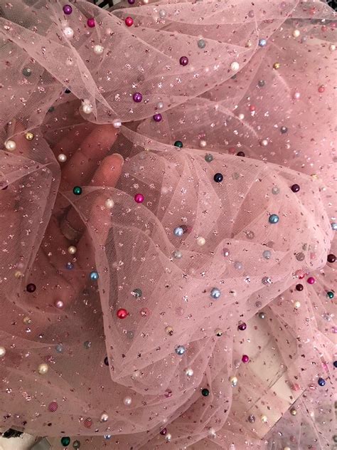 Pink Tulle Glitter Lace Fabric Embroidered With Colorful Etsy In 2020