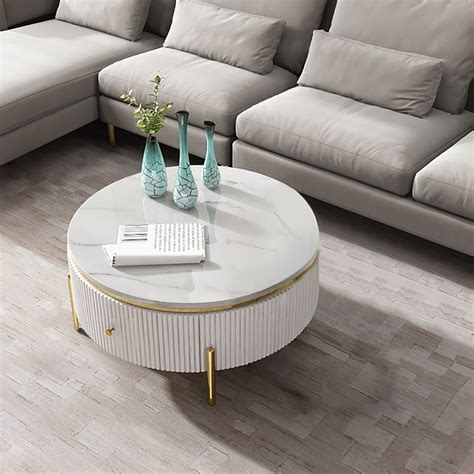 Modern Round Coffee Table With Storage Faux Marble Accent Table
